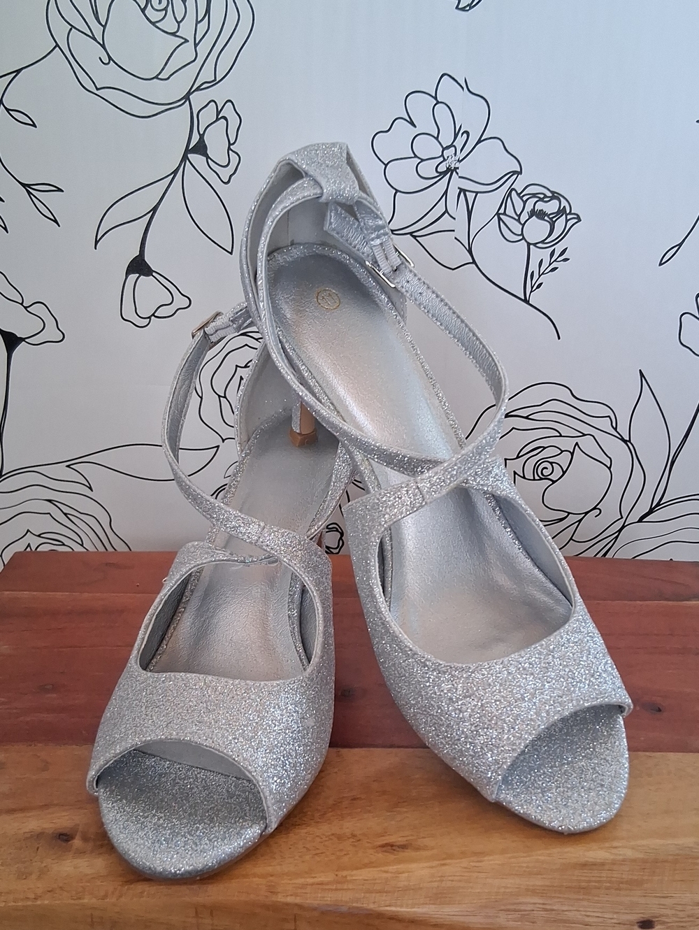 Silver Glitter Crisscross Peep-Toe Heels 11